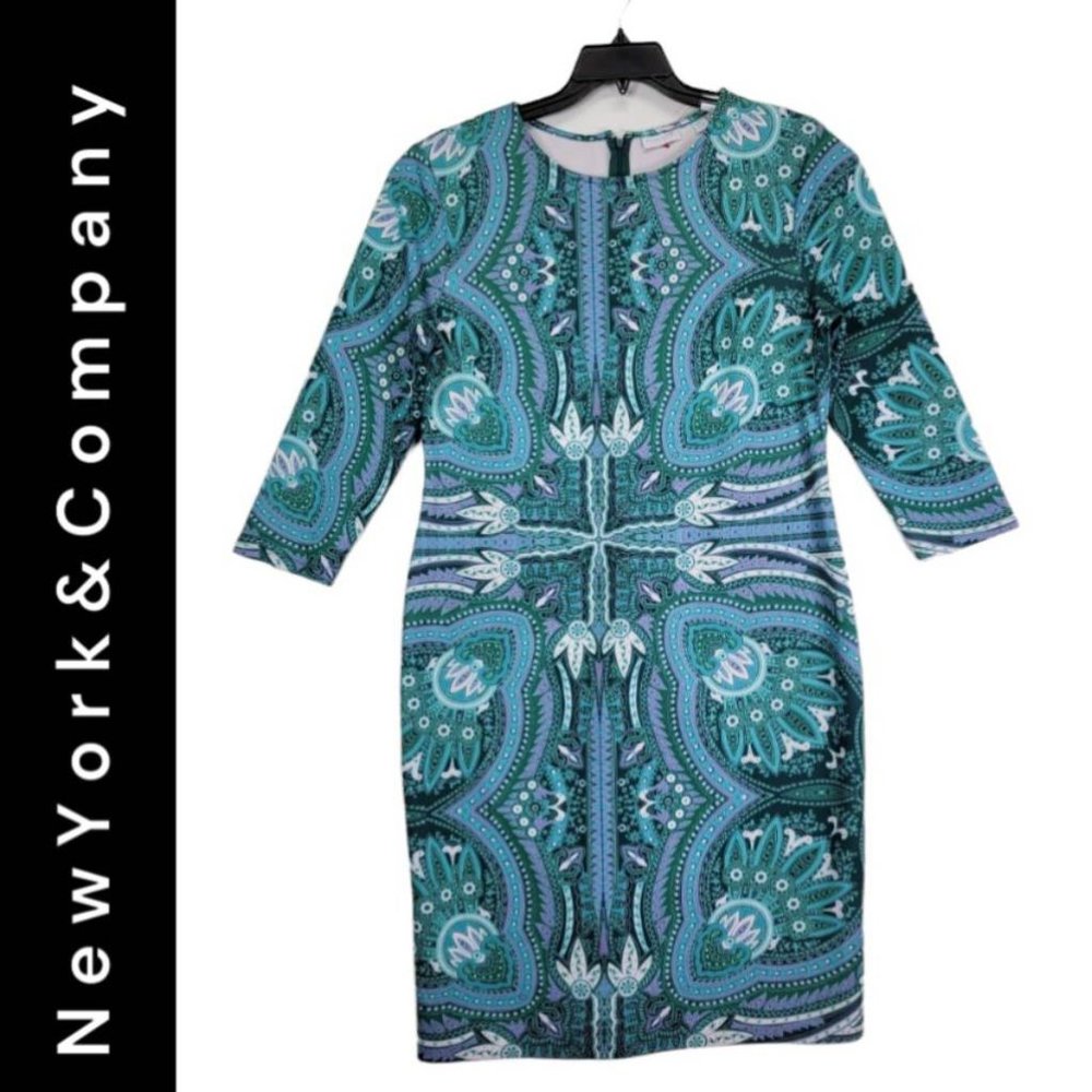 New York & Company Women Casual Long Sleeve Stretch Dress Size XL Multicolor